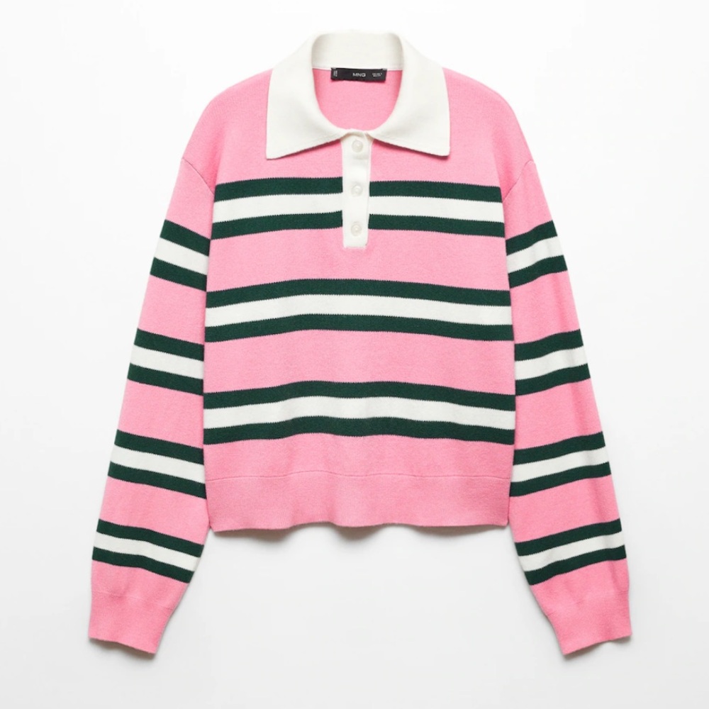 Mango MNG pink green trendy striped polo sweater soft size S